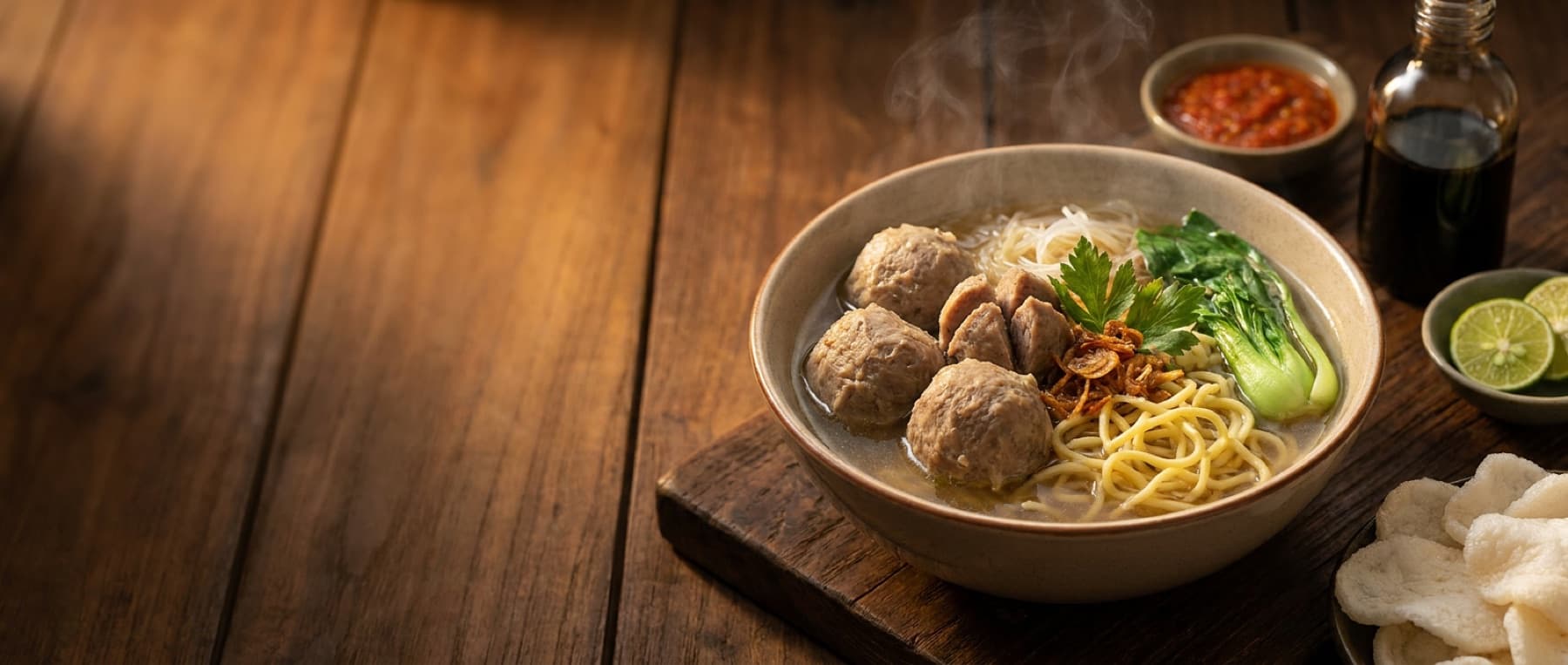 Semangkuk bakso urat Bakso Ucup Puri dengan mie kuning, bihun, sawi, dan bawang goreng