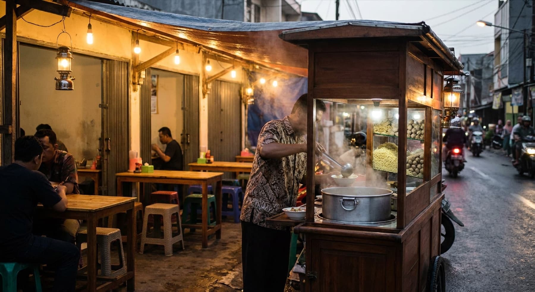Gerobak dan suasana warung Bakso Ucup Puri di Puri Indah, Jakarta Barat